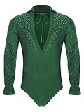 inlzdz Männer Tanzhemd Langarm Trikot Leotard Glitzer Tanz Oberteil Tanzanzug mit V-Ausschnitt Standard Tanz Ballsaal Kostüm Grün L