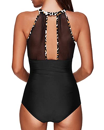 image for Tempt Me Women One Piece Swimsuits Black Leopard High Neck V-Neckline 