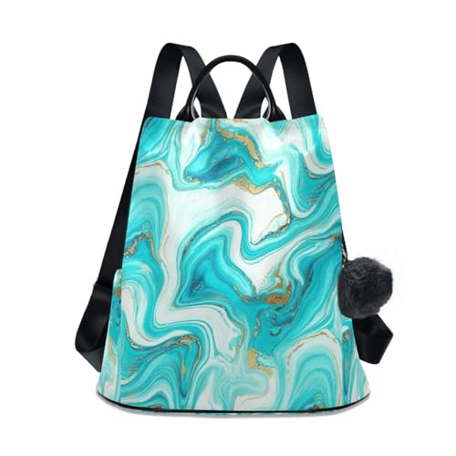 Sac à dos antivol bleu turquoise marbré pour femme avec pompon élégant