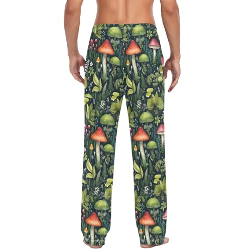 Men's Green Mushroom Flower Pajama Pants with Pockets - Straight Fit Cotton Sleep Bottoms for Lounge & Nightwear#8293