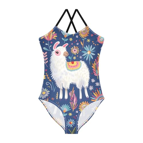 Girls Swimwear Summer one Piece Swimsuit Cute Llama Animal Flower Bathing Suit with Adjustable Straps 3-10 Years