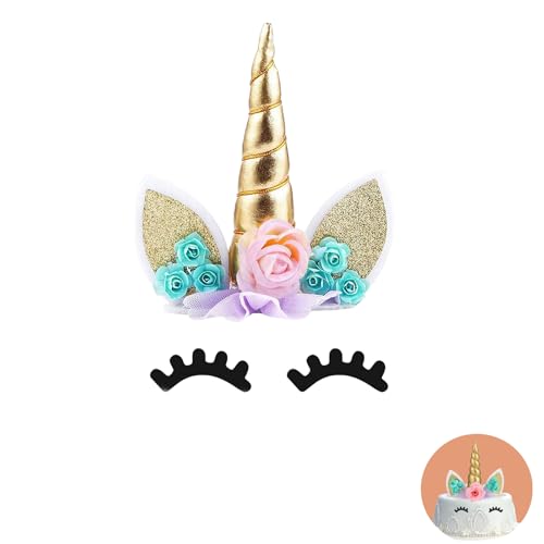 Unicornio Toppers,Adornos para Tarta de Unicornio Dorado,Cuerno y Orejas con Purpurina Reutilizables+Cilios,Decoración para Fiestas de Cumpleaños de Niñas,Bodas y Tartas con Temática Arcoíris