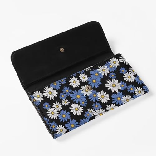 Image of AFPANQZ Dolphin Cherry Blossom Women Wallet Soft Leather Designe, Blue White Daisy Shopping Outdoor Vintage Phone Holder Pockets