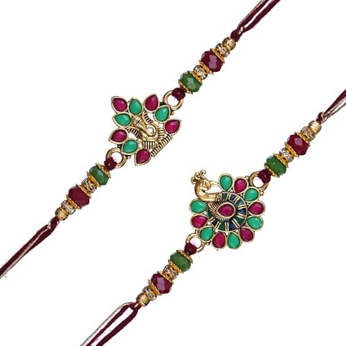 Image of eCraftIndia Set of 2 Green & Golden Shri Krishna and Radha Krishna Playing Flute Designer Religious Rakhis | Roli Chawal Pack | Rakhi for Brother