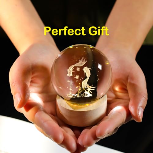 Image of Arikyrist 3D Goldfish Crystal Ball Night Light, Crystal Goldfish Figurines with Wooden Base Gifts for Women and Kids, 3D Laser Engraved Glass Sphere Paperweight Decor for Home Office.