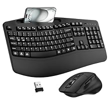 Wireless Keyboard and Mouse Combo, 2.4G Full Size Wave Keys Ergonomic Keyboard with Wrist Rest, Phone Holder, 3-Level DPI Adjustable Wireless Ergonomic Mouse for Windows, Mac Desktop/Laptop/PCBlack