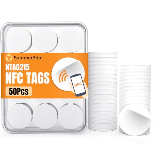 Image of 50 Pcs NFC Tags NTAG215 Blank NFC Cards Stickers, Rewritable Programmable NFC 215 Chip NFC Coins with Adhesive Back, 504 Bytes Memory, Compatible with TagMo and NFC Enabled Devices