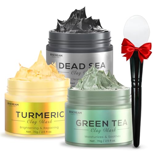 Hicream Turmeric Clay Mask, Green Tea, Dead Sea Minerals Mud Mask, Spa Facial Mask 3-Piece Set for Deep Cleansing, Moisturizing and Refining Pores, Vegan & Cruelty-Free, 7.5 fl.oz