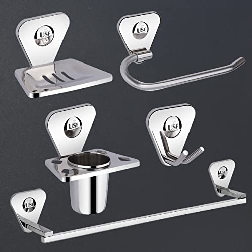 Image of USF Bath Accessories Stainless Steel Combo Bathroom Accessories Set (Towel Hanger Rod, Soap Dish, Tumbler Holder, Napkin Ring, Towel Robe Hook) Bathroom Accessories- Set of 5 Pcs