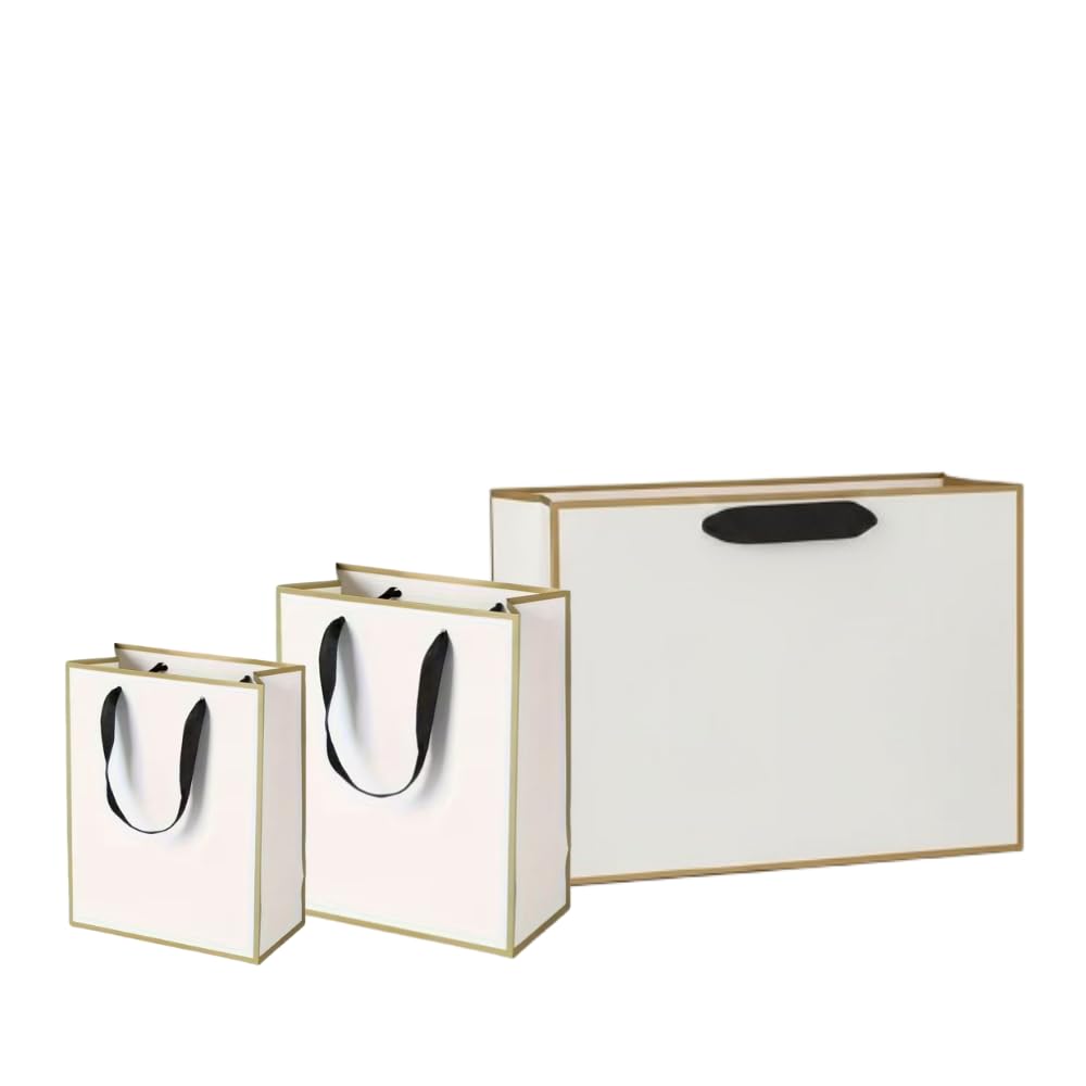 Luxury White Gift Bags with Gold Trim – Premium Reusable Paper Gift Bags with Ribbon & Rope Handles | Elegant Gift Packaging for All Occasions |Gold-Large-Pack of 3