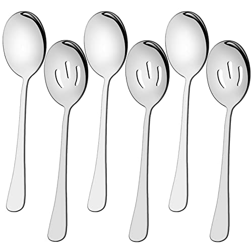 6 Pieces Serving Spoons Set 8.7 Inch, Includes 3 Serving Spoons and 3 Slotted Spoons, Stainless Steel Buffet Banquet Spoons, Large Spoons Utensils Cutlery Set