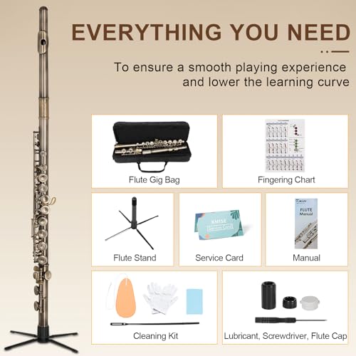 Kmise Closed Hole C Flute, Responsive Flute Instrument, Premium and Durable Flutes with Gig Bag, Collapsible Stand, Beginner\'s Guide, Cleaning Kit - Effortless for Beginners, Students (Bronze)