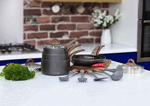 Tower Induction Frying Pan and Saucepan Set, Includes 5 Cooking Tools, Non Stick, Graphite/Brown, 5 Piece Pan Set