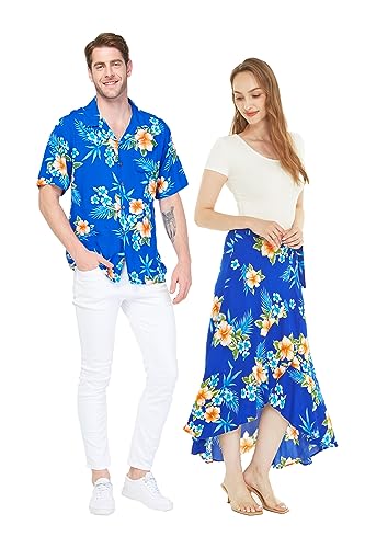 Matchable Couple Hawaiian Luau Shirt or Wrap Skirt in Hibiscus Blue