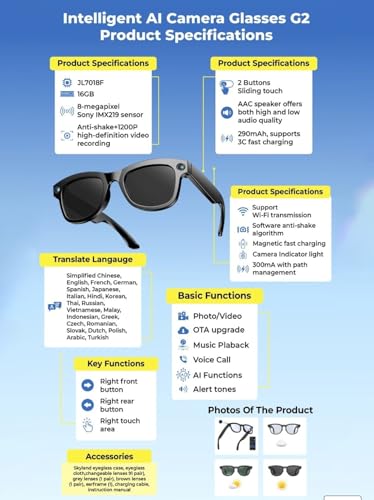 Image of Genius Smart AI Camera Glasses G2, 1200P HD Video Recording, 8MP IMX219 Sensor, Wi-Fi Bluetooth, Voice Translation, 16GB Memor