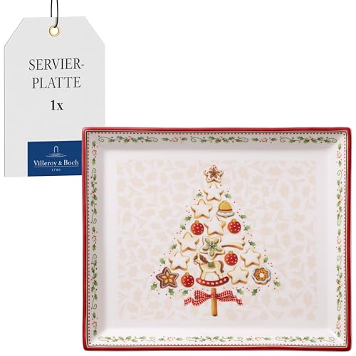 Villeroy & Boch Winter Bakery Delight Kleine rechteckige Servierplatte für Gebäck, Premium Porzellan, Weiß/Rot/Beige