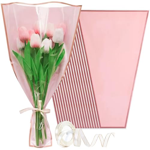 Wzifyf 50 PACK Flower Bags for Bouquets Flower Bouquet Holders Pink Floral Wrapping Paper flower Sleeves Build Your Own Bouquet Bar with 72 Ft Ribbons for Valentines Day Packaging Supplies