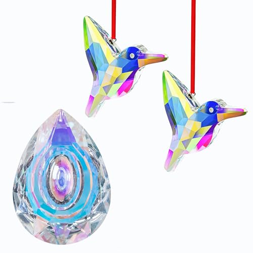 H&D HYALINE & DORA 89mm/3.5in Hanging Chandelier Crystals Prisms and Set of 2,3 Crystal Sun Catcher Prisms, AB Colored Hummingbird Hanging Suncatchers