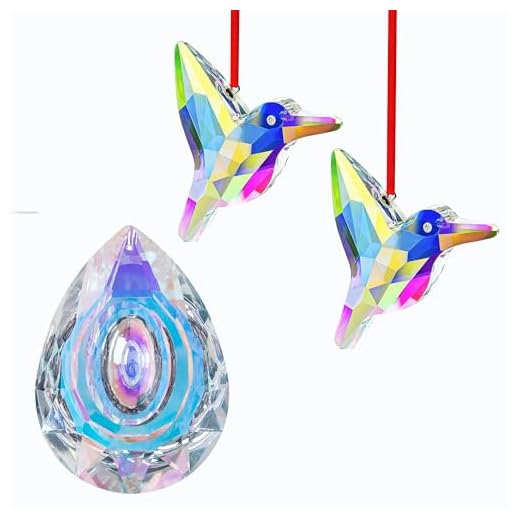 H&D HYALINE & DORA 89mm/3.5in Hanging Chandelier Crystals Prisms and Set of 2,3" Crystal Sun Catcher Prisms, AB Colored Hummingbird Hanging Suncatchers