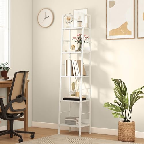 DWVO Narrow Tall Bookcase 5 Tiers, Industrial Ladder Shelf Bookshelf Wooden Shelves and Metal Slim Thin Book Rack Modern Shelving Unit for Living Room, Hallway, Office, Pure White