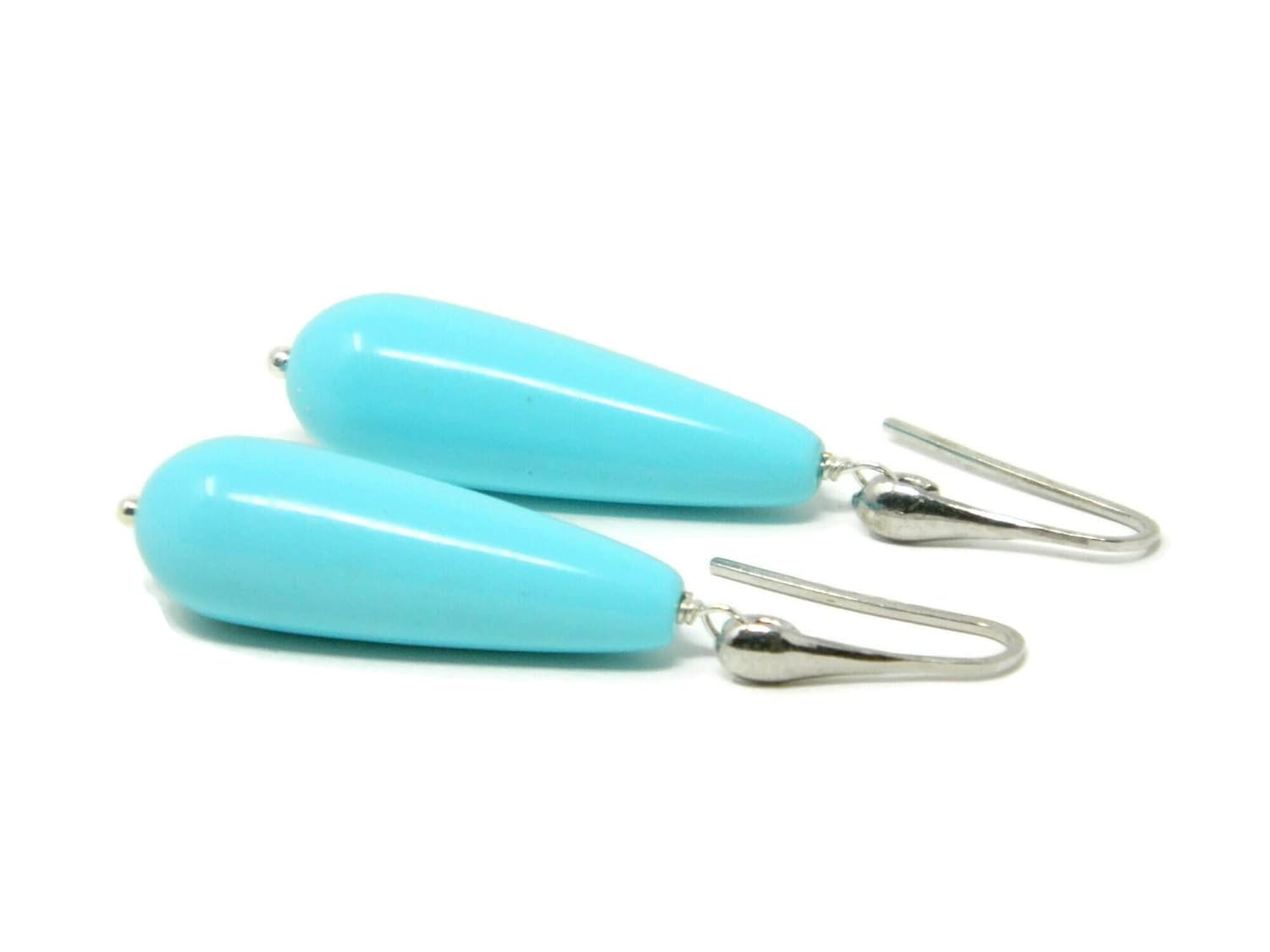 Orecchini pendenti donna in pasta di turchese | Gocce lisce 10x30 mm | Argento 925 rodiato | Gioielli artigianali Made in Italy | DodiGioielli