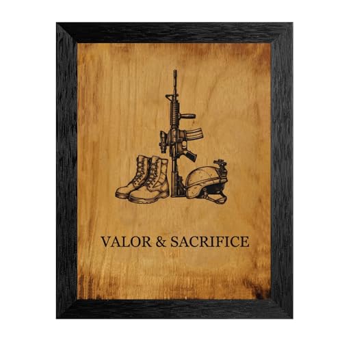 Framed Canvas Wall Art Rustic Pyrography Military Boots Rifle Helmet Golden Brown Valor Sacrifice Canvas Print Poster Black Frame Wall Decor for Office Patriot Gift, Veteran Art - Inch 12x16