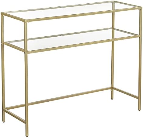 VASAGLE 39.4 Inch Console Sofa Table, Modern Entryway Table, Tempered Glass Table, Metal Frame, 2 Shelves, Adjustable Feet, for Living Room, Hallway, Gold Color ULGT025A01