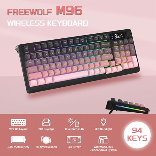 Image of FREEWOLF M96 Wireless Gaming Keyboard Creamy Membrane with Rainbow Backlight,Media Knob,LCD Screen,Dual Mode-Bluetooth /2.4Ghz,Ball Shape PBT Keycap 94 Key ANSI Layout for Win Mac PC Gamer(BlackBerry)