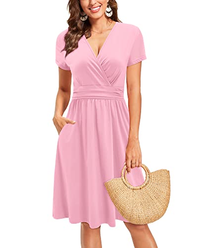 Image of Newshows Womens Summer Short Sleeve Casual Dresses V Neck Floral Vacation Sundress Faux Wrap Midi Dress with Pockets