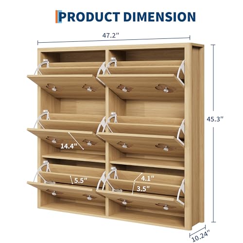 Image of GarveeHome Shoe Storage Cabinet with 6 Flip Drawers, Narrow Wood Shoe Organizer Cabinet with Floral Pattern, Freestanding Slim Shoe Rack Cabinet with Adjustable Shelves, for Entryway, Hallway, Natural
