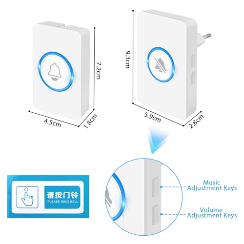 VFANDV Funkklingel, Funk klingel Set Aussen Wasserdicht, Türklingel Batteriebetrieben, 59 Melodien, 1 Plug-In-Empfänger und 1 Sender mit 4 Lautstärkestufen und LED-Blitz