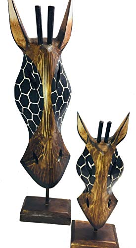 My Family House Giraffe Side Mask on Plinth - Wood - Hand Carved - Free Standing Ornament - 60 cm