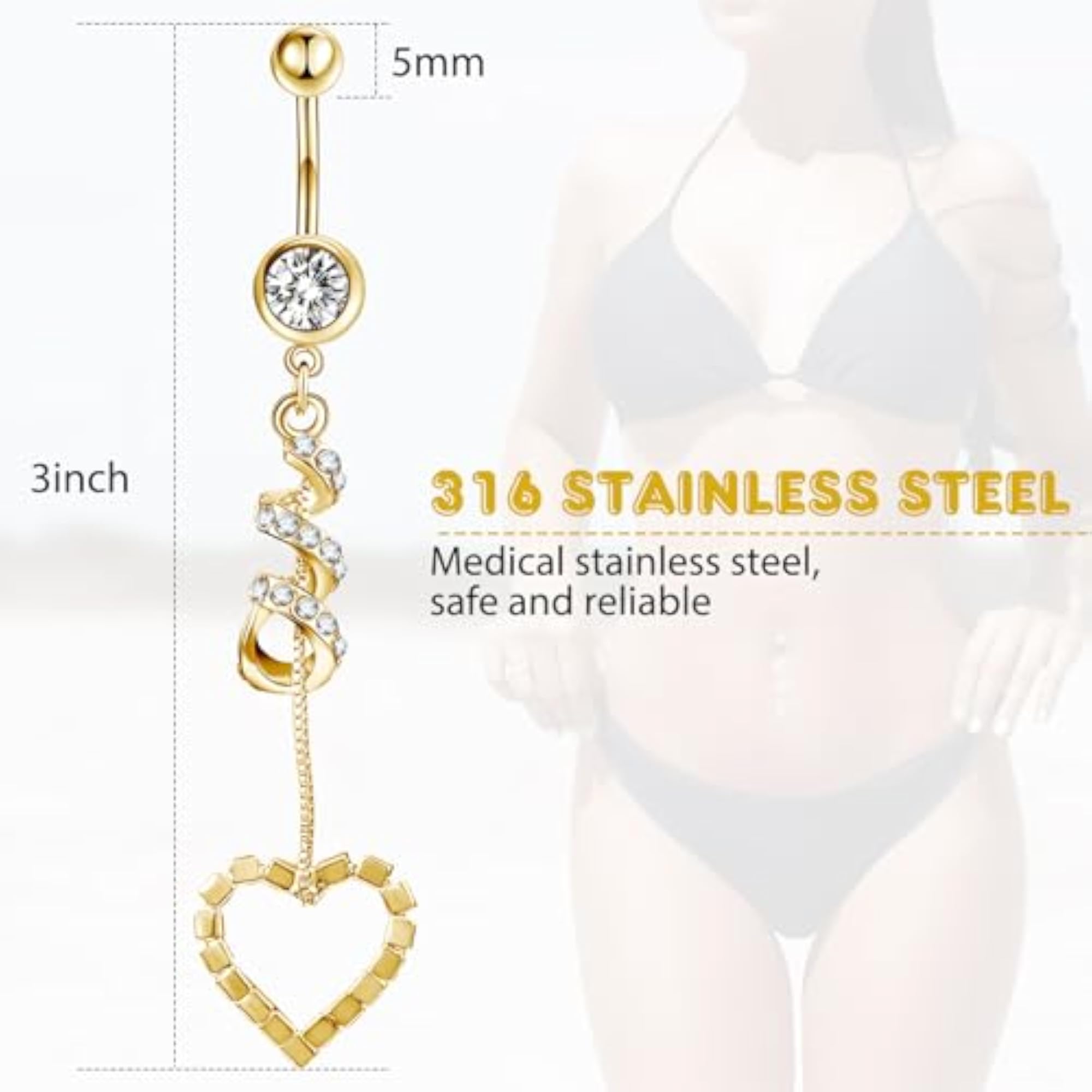 18 Pcs 14G Stainless Steel Belly Button Rings, Rhinestone Dangle