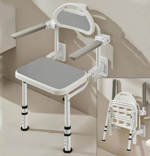 Sedile da doccia pieghevole da parete, regolabile in altezza, con sedile e schienale imbottiti, per assistenza domiciliare, anziani, anziani, incinte e disabili