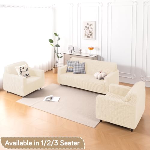 Image of HOKIPO 'Aria Nova' Elastic Stretchable 280 GSM Bubble Sofa Cover for 1 Seater, Light Cream (AR-6208-CRM)