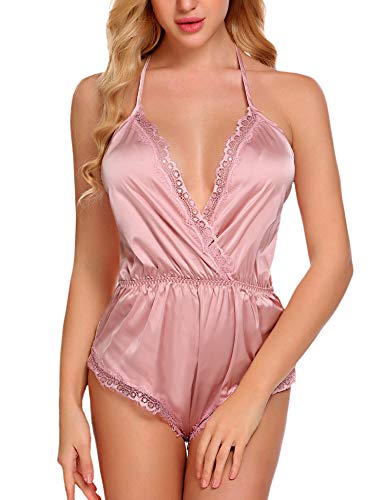 image for ADOME Pink Lingerie Women Valentine Lingerie Bodysuit V Neck Teddy Lac