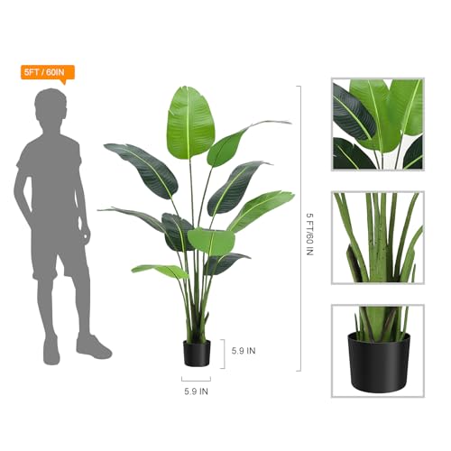 GarveeHome Artificial Bird of Paradise Plant 5FT (60 in) Fake Palm Tree for Indoor Outdoor Modern Decor Faux Plants for Home Office Perfect Housewarming Gift with 10 Trunks Faux Leaves 1 Pack