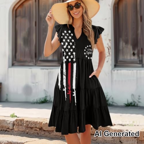 Image of Women's Casual Ruffle Sleeve Dress V Neck Pullover Dress Flowy A-Line Pleated Lightweight Dress with Pockets