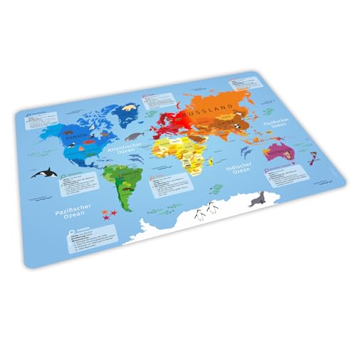 stabiles Vinyl Tischset mit Lerneffekt für Kinder Platzdeckchen Platzset abwaschbar reißfest farbecht (Weltkarte)