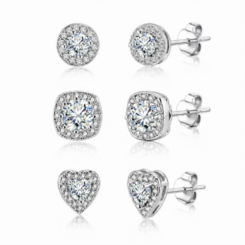 Image of Rcidan Hypoallergenic 3 Pairs Stud Earrings for Women, 14k Silver Plated