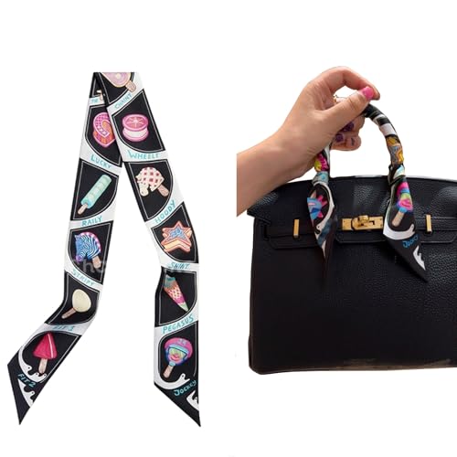 Fashion Scarves Ice Cream Print Twill Scarf – Long Strip for Tying Bag Handles