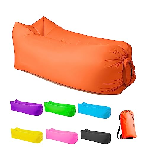 LONGJIN Inflatable Lounger Air Sofa Hammock, Inflatable Couch for Camping, Portable Waterproof Anti-Air Leaking Pouch Couch Air Chair for Outdoor, Beach, Hiking, Picnics, Music Festivals (Orange)