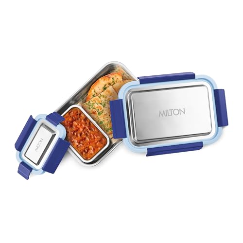 Image of MILTON Modern Meal Jr. Stainless Steel Tiffin, Set of 2 (750 ml,140 ml), Blue | Food Grade | BPA Free | Refrigerator Safe | Odour Free I Durable and Stylish Lunch Box for Home, Office & Travel