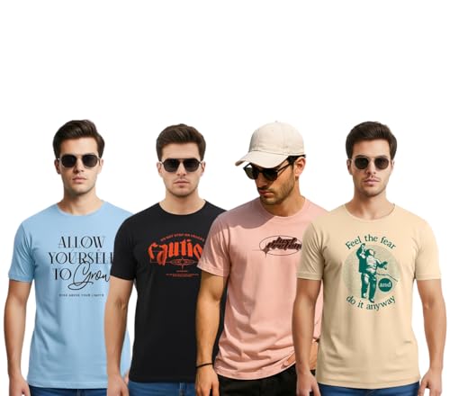 Image of Cotton Blend Regular Fit Half Sleeve Printed Round Neck Multicolor Drop Shoulder T-Shirt for Mens & Boys (Pack of 4)