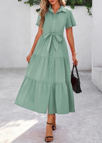 Image of KIRUNDO Summer Button Down Wedding Guest Shirt Dresses for Women Maxi Flutter Short Sleeve Flowy Tiered Beach Sun Dress