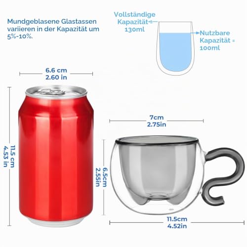 ecooe 130ml Süße Katze Espressotassen Set Glas Doppelwandige Kaffeegläser, Katzentasse Geschenke für Männer, Frauen, Kinder… – Ansicht 2