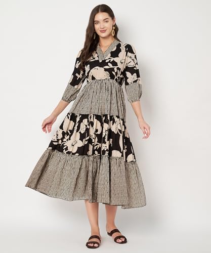 Image of PIDAVLIYA'S Women's Floral Summer Maxi Dress I Cotton Printed I One Piece Bodycon Midi Dress with V-Neck, Puffed Sleeves