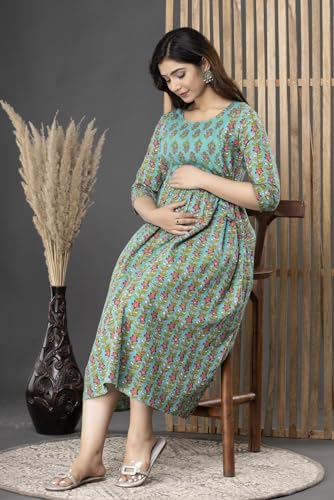 Image of Women's Cotton Floral Printed Maternity Dress Kurti with Feeding Zipper Maternity Gown for Women Feeding Dress