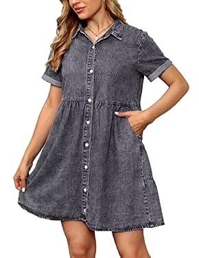 AMAZON - AMRSPENG Women’s Casual Denim Dress with for Women 2023 Cute Babydoll Denim Casual Shirt Dress Denim Dress,M, LightGrey