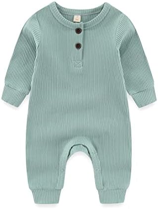 Newborn Baby Boys Girls One Piece Romper With Mitten Cuffs 3 Pack Long Sleeve Ribbed Button Jumpsuit Outfit Clothes blue+green+tan 6 months - 1